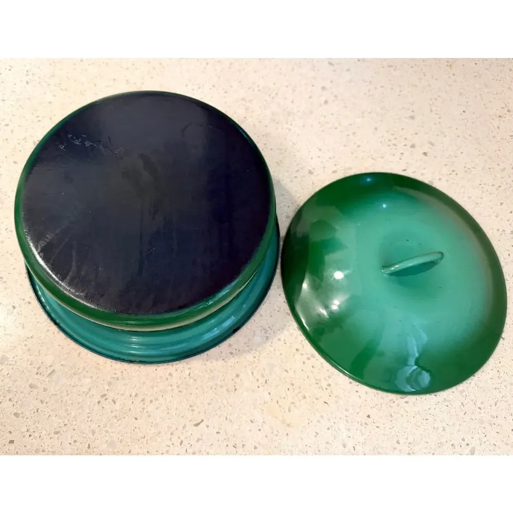 Vintage Green Ombre Enamelware Casserole Dish with Lid, Mid Century Baking
